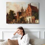 A View in Delft by Adrianus Eversen - single-panel canvas displayed above a sofa