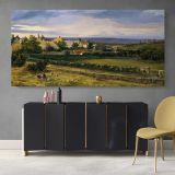 A Village in a Valley — single-panel canvas above a sideboard