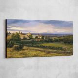 A Village in a Valley — single-panel canvas shown on a pale studio wall