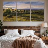 A Village in a Valley — three-panel canvas above a bed