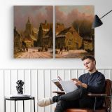 A Village in Winter by Adrianus Eversen - two-panel canvas displayed in a reading room