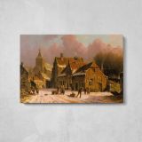 A Village in Winter by Adrianus Eversen - single-panel canvas displayed above a console table