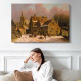A Village in Winter by Adrianus Eversen - single-panel canvas displayed above a sofa