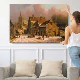 A Village in Winter by Adrianus Eversen - single-panel canvas shown with a person for scale