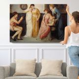 A Youth Relating Tales to Ladies by Simeon Solomon - single-panel canvas shown with a person for scale