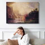 Among the Sierra Nevada Mountains by Albert Bierstadt - single-panel canvas displayed above a sofa