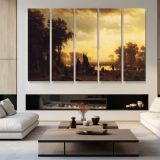 An Indian Encampment by Albert Bierstadt - multi-panel canvas displayed in a modern living room
