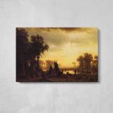 An Indian Encampment by Albert Bierstadt - single-panel canvas displayed above a console table