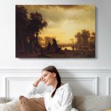 An Indian Encampment by Albert Bierstadt - single-panel canvas displayed above a sofa