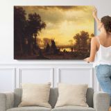 An Indian Encampment by Albert Bierstadt - single-panel canvas shown with a person for scale