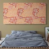 Apple Floral Pattern in Coral by William Morris — single-panel canvas above a bed with blue bedding