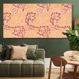Apple Floral Pattern in Coral by William Morris — single-panel canvas above a green sofa