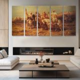 Arab Horsemen by a Watering Hole by Adolf Schreyer — four-panel canvas arrangement in a living room