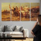 Arab Horsemen by a Watering Hole by Adolf Schreyer — three-panel canvas above a sofa
