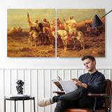 Arab Horsemen by a Watering Hole by Adolf Schreyer — two-panel canvas arrangement in a room