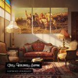 Arab Horsemen by a Watering Hole by Adolf Schreyer — multi-panel canvas in a warmly lit lounge