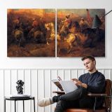 Arab Horsemen on the March by Adolf Schreyer — two-panel canvas arrangement in a room