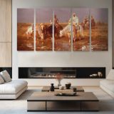 Arabs Watering Their Horses by Adolf Schreyer — four-panel canvas arrangement in a living room