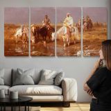 Arabs Watering Their Horses by Adolf Schreyer — three-panel canvas above a sofa