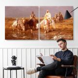 Arabs Watering Their Horses by Adolf Schreyer — two-panel canvas arrangement in a room