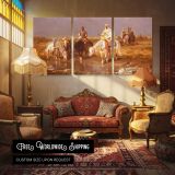 Arabs Watering Their Horses by Adolf Schreyer — multi-panel canvas in a warmly lit lounge