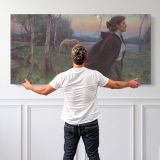 As the Moon Rises by Daniel Gerhartz — single-panel canvas shown behind a standing person for scale