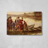 At the Ferry by Adrien Moreau - single-panel canvas displayed above a console table