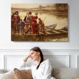 At the Ferry by Adrien Moreau - single-panel canvas displayed above a sofa