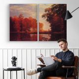 Autumn Woods by Albert Bierstadt - two-panel canvas displayed in a reading room