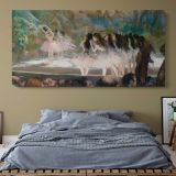Ballet at the Paris Opera by Edgar Degas — single-panel canvas above a bed with blue bedding