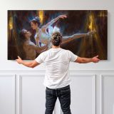 Ballet Dancer in Blue Light by Daniel Gerhartz — single-panel canvas shown behind a standing person for scale
