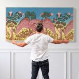 Bandbox Design with Eagle and Rabbit by Martin Partyka — single-panel canvas shown behind a standing person for scale