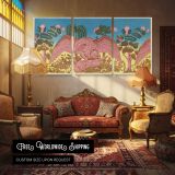 Bandbox Design with Eagle and Rabbit by Martin Partyka — multi-panel canvas in a warmly lit lounge