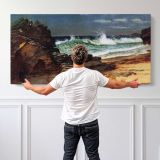 Beach at Nassau by Albert Bierstadt — single-panel canvas shown behind a standing person for scale