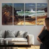 Beach at Nassau by Albert Bierstadt — three-panel canvas above a sofa