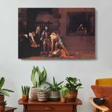 Beheading of Saint John the Baptist by Caravaggio - single-panel canvas displayed above a console table