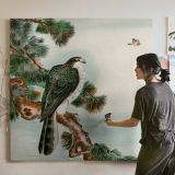 Bird perching on tree top, vintage Japanese animal painting by G.A. Audsley-Japanese illustration — room mockup view 3