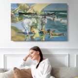 Boating on a Summer River - single-panel canvas displayed above a sofa