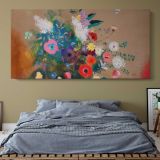 Bouquet of Flowers Art Remix by Odilon Redon — single-panel canvas above a bed with blue bedding