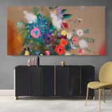 Bouquet of Flowers Art Remix by Odilon Redon — single-panel canvas above a sideboard