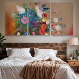 Bouquet of Flowers Art Remix by Odilon Redon — three-panel canvas above a bed