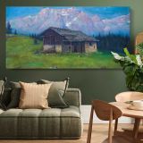 Brenta Mountains and Alpine Cabin by Andreas Roth — single-panel canvas above a green sofa