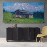 Brenta Mountains and Alpine Cabin by Andreas Roth — single-panel canvas above a sideboard