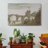 Bridge Across the Loire at Amboise by Doomer Lambert Harmensz - single-panel canvas displayed above a console table