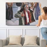 Busy Street in Watercolour - single-panel canvas shown with a person for scale
