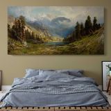 California Pines by William Keith — single-panel canvas above a bed with blue bedding