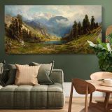 California Pines by William Keith — single-panel canvas above a green sofa