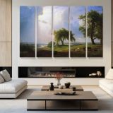 California Spring by Albert Bierstadt - multi-panel canvas displayed in a modern living room