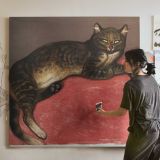 Cat on a Cushion Winter Chromolithograph — room mockup view 3