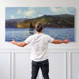 Catspaws off the Land by Henry Moore — single-panel canvas shown behind a standing person for scale